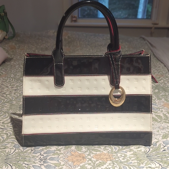 Arcadia Black and Cream Patent Leather Striped Satchel - Picture 1 of 11
